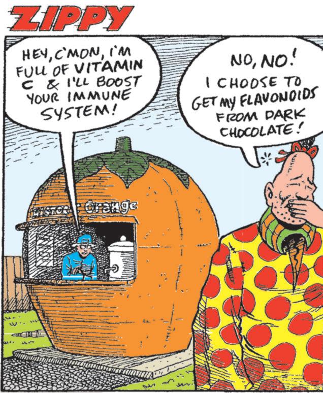 Cucurbits OCR: ZIPPY HEYI'm FULL OF VITAMIN C & I'LL BOOST YOUR IMMUNE SYSTEM! NONO! I CHOOSE TO GET MY FLAVONOIDS FROM DARK CHOCOLATE! HEASTOR Orange ZIPPY HEYI'm FULL OF VITAMIN C & I'LL BOOST YOUR IMMUNE SYSTEM ! NONO ! I CHOOSE TO GET MY FLAVONOIDS FROM DARK CHOCOLATE ! HEASTOR Orange
