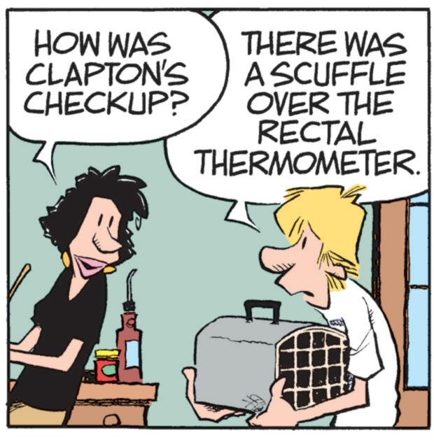 Photo caption OCR: HOW WAS CLAPTON'S CHECKUP? THERE WAS A SCUFFLE OVER THE RECTAL THERMOMETER. HOW WAS CLAPTON'S CHECKUP ? THERE WAS A SCUFFLE OVER THE RECTAL THERMOMETER .