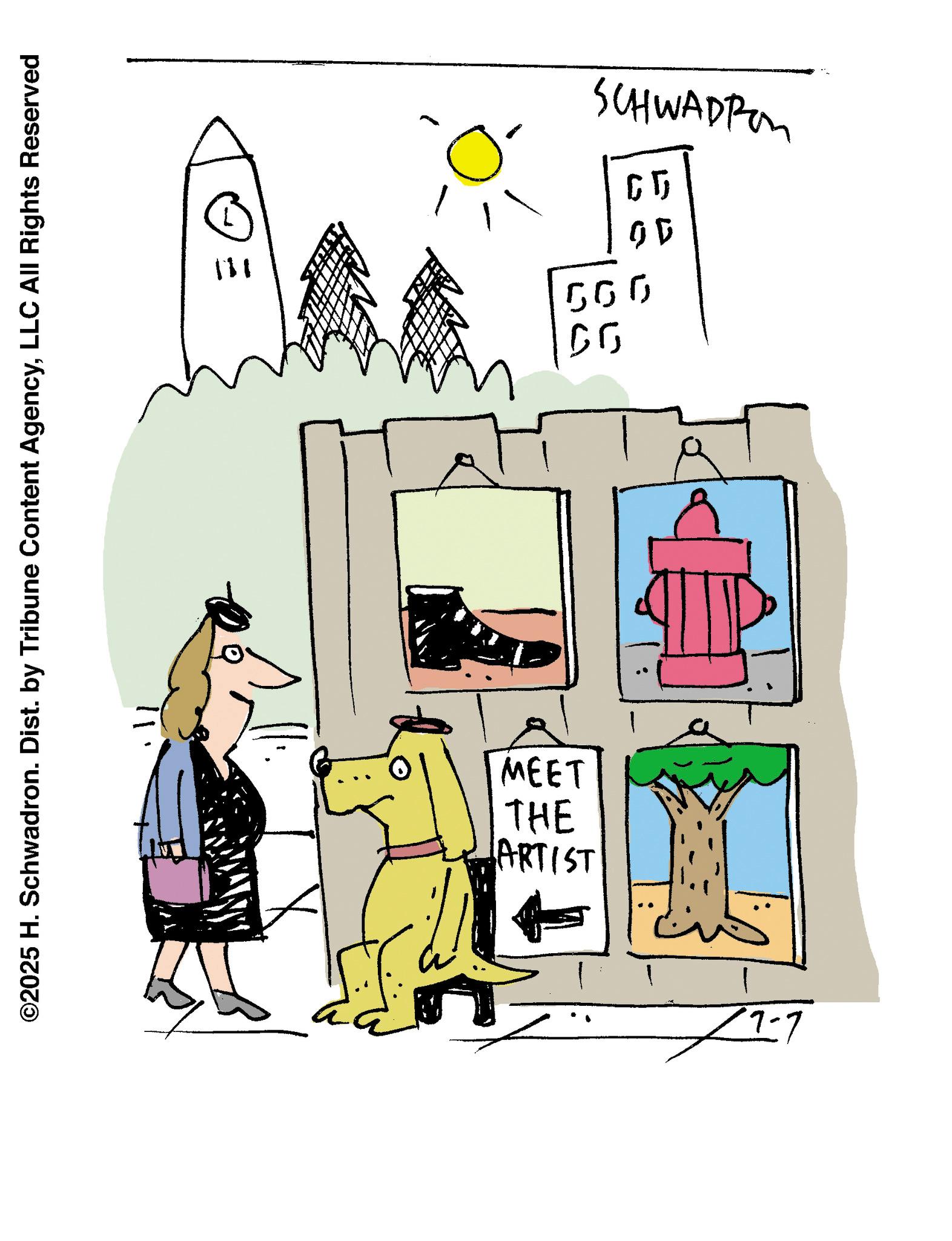 Clip art OCR: ©2025 H. Schwadron. Dist. by Tribune Content AgencyLLC All Rights Reserved ARTIST THE MEET SCHWADER 65 00 500 ?? © 2025 H. Schwadron . Dist . by Tribune Content AgencyLLC All Rights Reserved ARTIST THE MEET SCHWADER 65 00 500 ??