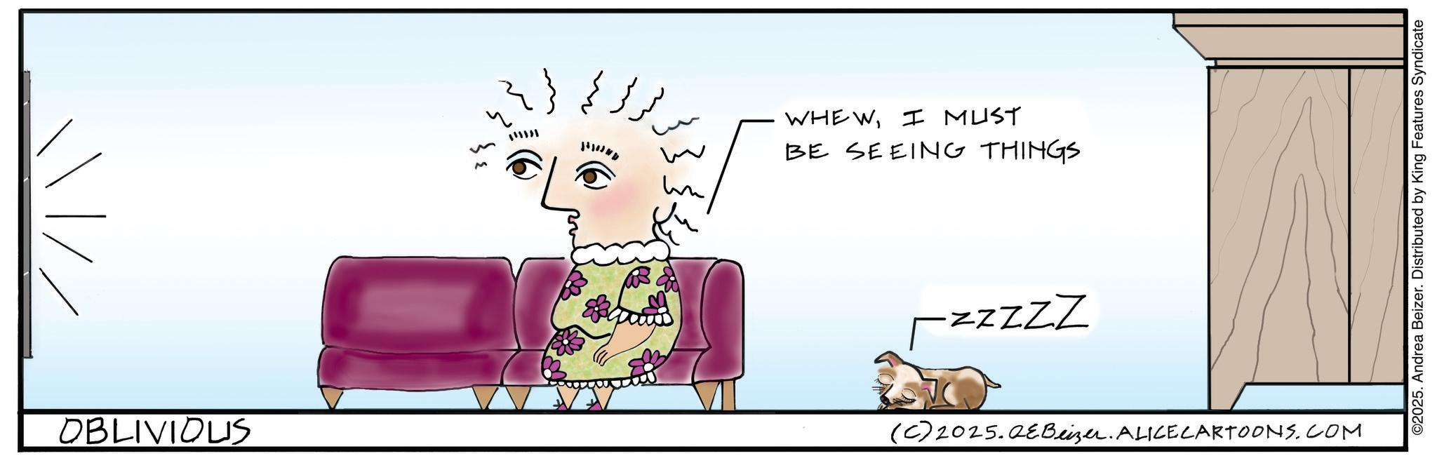 Animated cartoon OCR: OBLIVIOUS M ?? ?? ?? ?? m WHEWI MUST BE SEEING THINGS -zzzzz (C) 2025.QeBeizer. ALICE CARTOONS.COM ©2025. Andrea Beizer. Distributed by King Features Syndicate OBLIVIOUS M ?? ?? ?? ?? m WHEWI MUST BE SEEING THINGS -zzzzz ( C ) 2025.QeBeizer . ALICE CARTOONS.COM © 2025 . Andrea Beizer . Distributed by King Features Syndicate