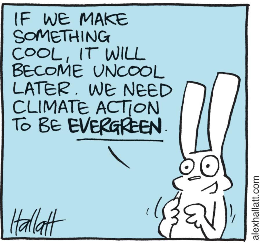 Text OCR: IF WE MAKE SOMETHING COOLIT WILL BECOME UNCOOL LATER. WE NEED CLIMATE ACTION TO BE EVERGREEN Hallatt alexhallatt.com IF WE MAKE SOMETHING COOLIT WILL BECOME UNCOOL LATER . WE NEED CLIMATE ACTION TO BE EVERGREEN Hallatt alexhallatt.com