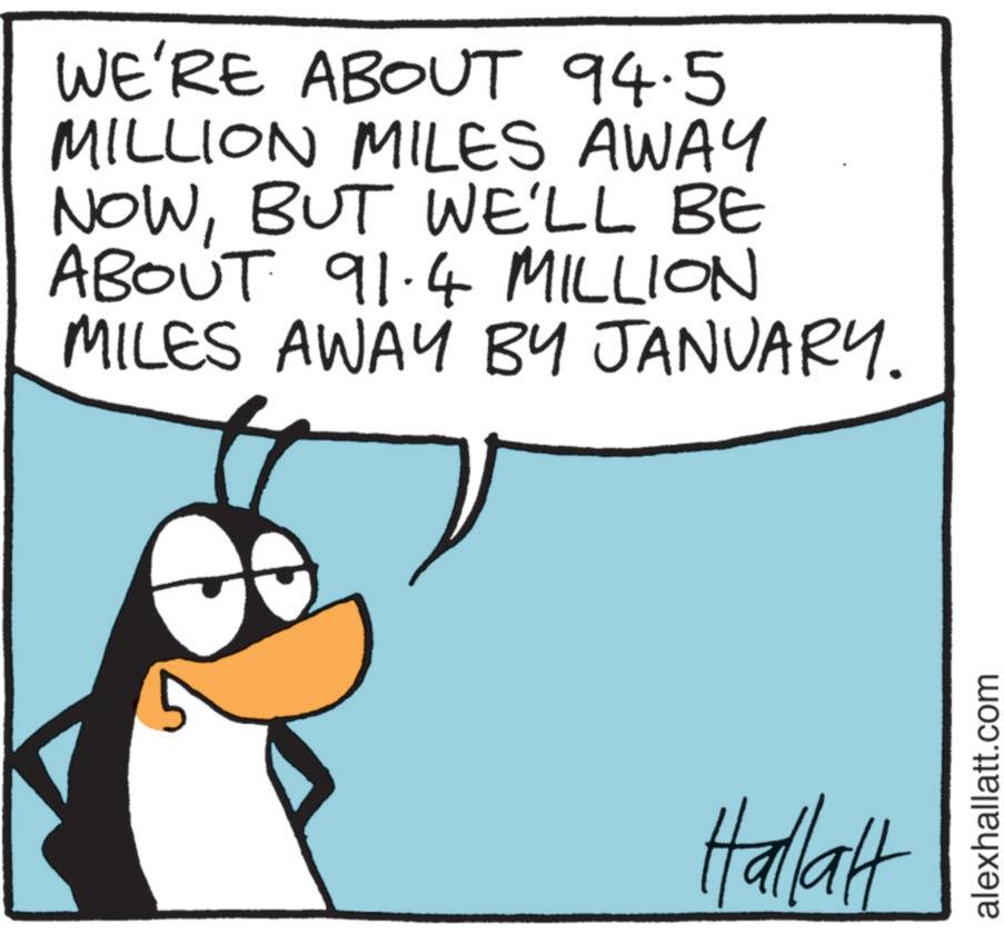 Animated cartoon OCR: WE'RE ABOUT 94.5 MILLION MILES AWAY NOWBUT WE'LL BE ABOUT 91.4 MILLION MILES AWAY BY JANUARY. Hallatt alexhallatt.com WE'RE ABOUT 94.5 MILLION MILES AWAY NOWBUT WE'LL BE ABOUT 91.4 MILLION MILES AWAY BY JANUARY . Hallatt alexhallatt.com
