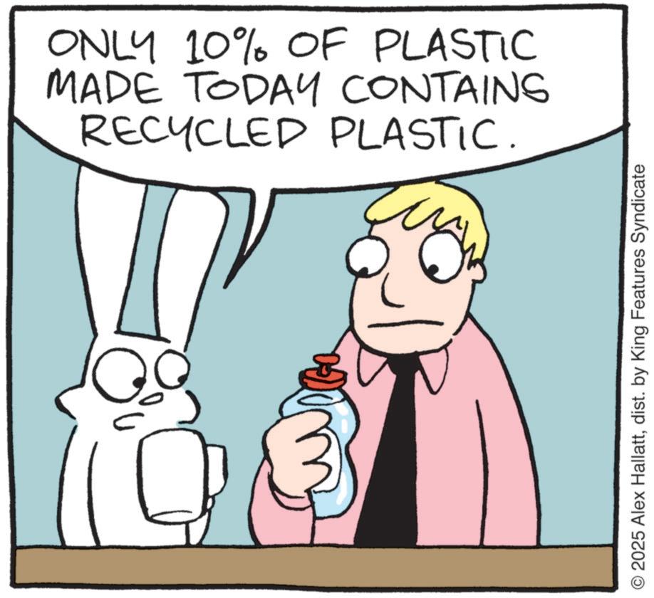 Line art OCR: ONLY 10% OF PLASTIC MADE TODAY CONTAINS RECYCLED PLASTIC. 2025 Alex Hallattdist. by King Features Syndicate ONLY 10 % OF PLASTIC MADE TODAY CONTAINS RECYCLED PLASTIC . 2025 Alex Hallattdist . by King Features Syndicate