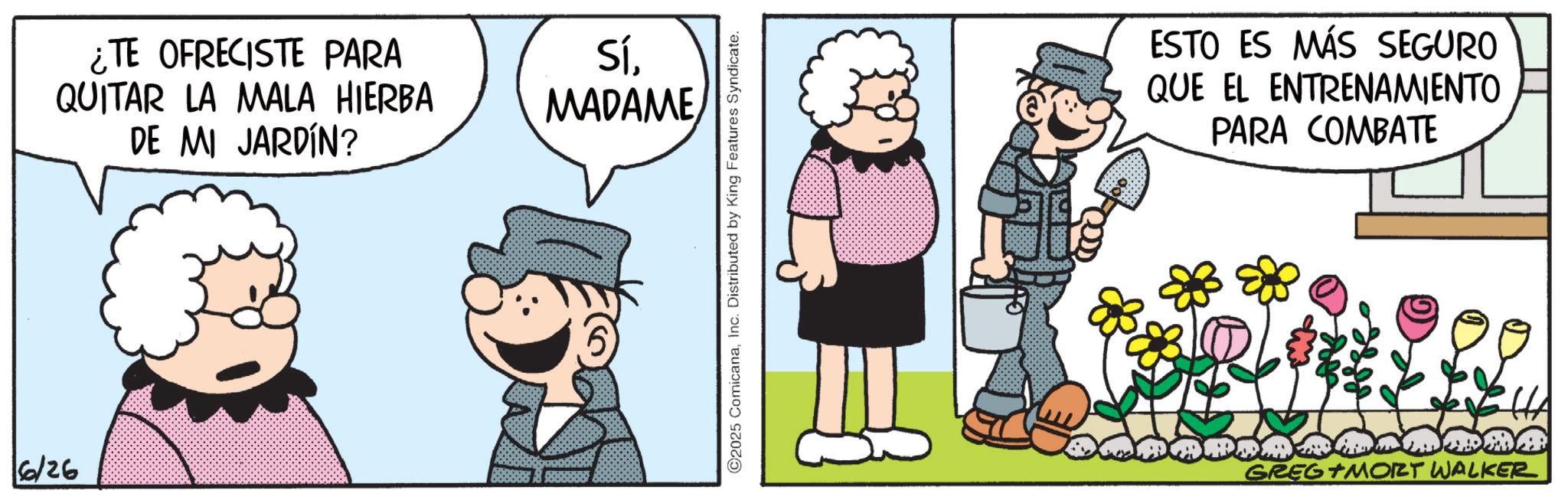 Photo caption OCR: 6/26 ¿TE OFRECISTE PARA QUITAR LA MALA HIERBA DE MI JARDÍN? SíMADAME ©2025 ComicanaInc. Distributed by King Features Syndicate. ESTO ES MÁS SEGURO QUE EL ENTRENAMIENTO PARA COMBATE HHA GREG MORT WALKER 6/26 ¿ TE OFRECISTE PARA QUITAR LA MALA HIERBA DE MI JARDÍN ? SíMADAME © 2025 ComicanaInc. Distributed by King Features Syndicate . ESTO ES MÁS SEGURO QUE EL ENTRENAMIENTO PARA COMBATE HHA GREG MORT WALKER