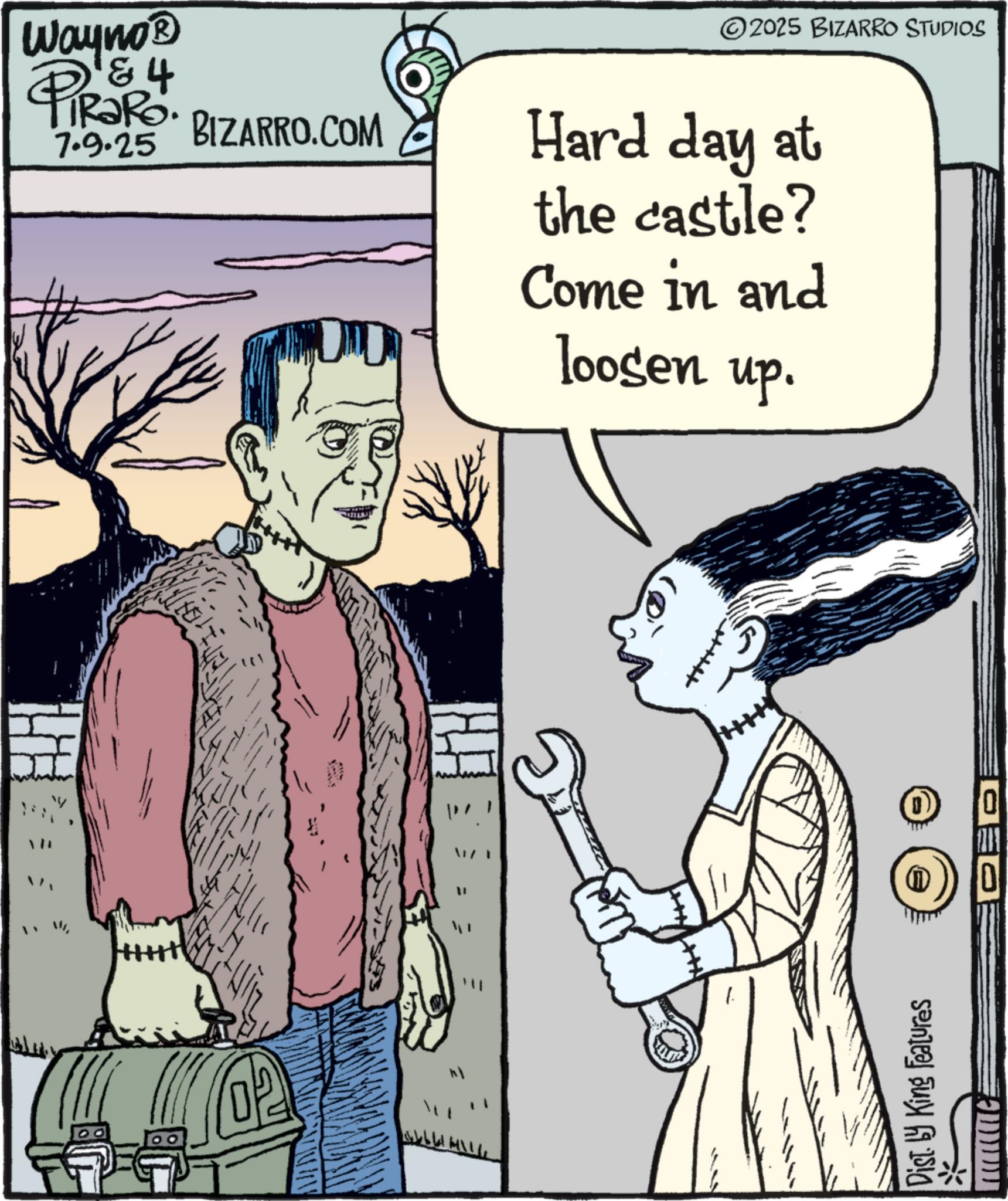 Animated cartoon OCR: Wayno? 84 PiRaRo. 7.9.25 2025 BIZARRO STUDIOS BIZARRO.COM Hard day at the castle? Come in and loosen up. = + Dist. by King Features ?0 CED Wayno? 84 PiRaRo . 7.9.25 2025 BIZARRO STUDIOS BIZARRO.COM Hard day at the castle ? Come in and loosen up . = + Dist . by King Features ?0 CED