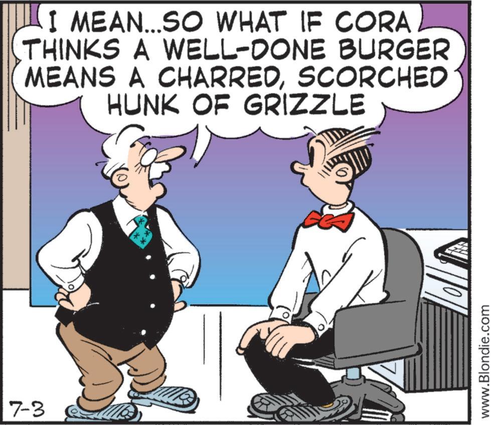 Animated cartoon OCR: 7-3 I MEAN...SO WHAT IF CORA THINKS A WELL-DONE BURGER MEANS A CHARREDSCORCHED HUNK OF GRIZZLE ** www.Blondie.com 7-3 I MEAN ... SO WHAT IF CORA THINKS A WELL - DONE BURGER MEANS A CHARREDSCORCHED HUNK OF GRIZZLE ** www.Blondie.com