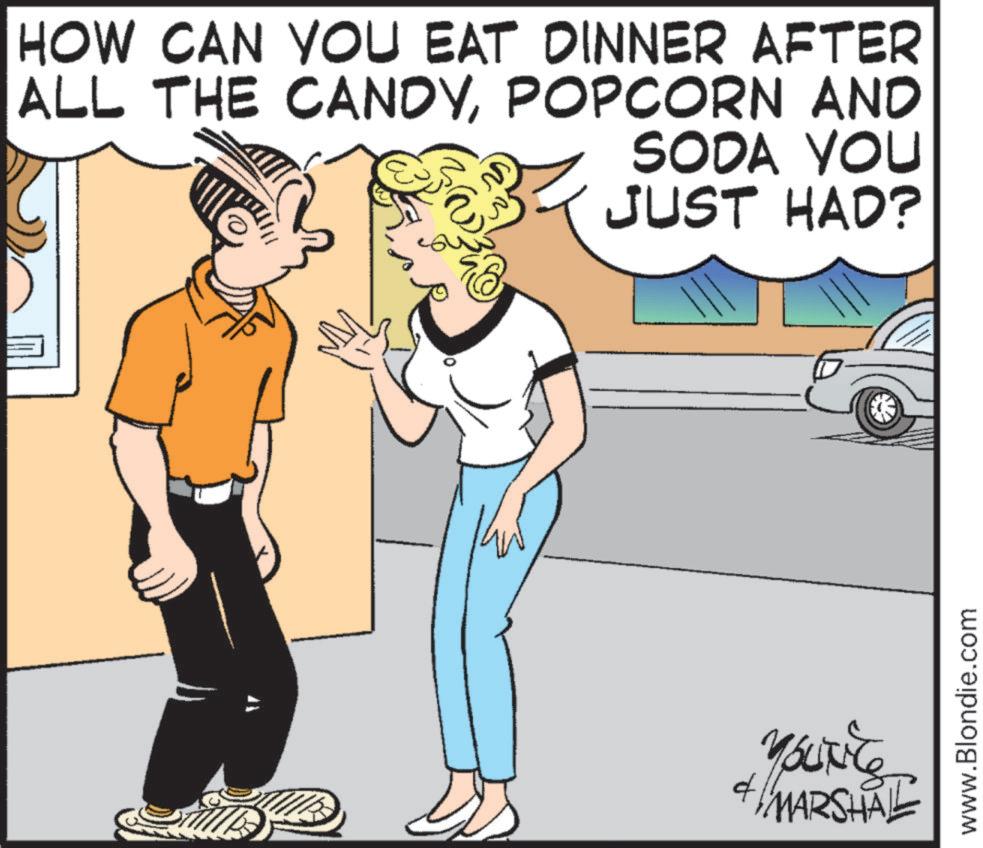 Animation OCR: HOW CAN YOU EAT DINNER AFTER ALL THE CANDYPOPCORN AND SODA YOU JUST HAD? f MARSHALL www.Blondie.com HOW CAN YOU EAT DINNER AFTER ALL THE CANDYPOPCORN AND SODA YOU JUST HAD ? f MARSHALL www.Blondie.com