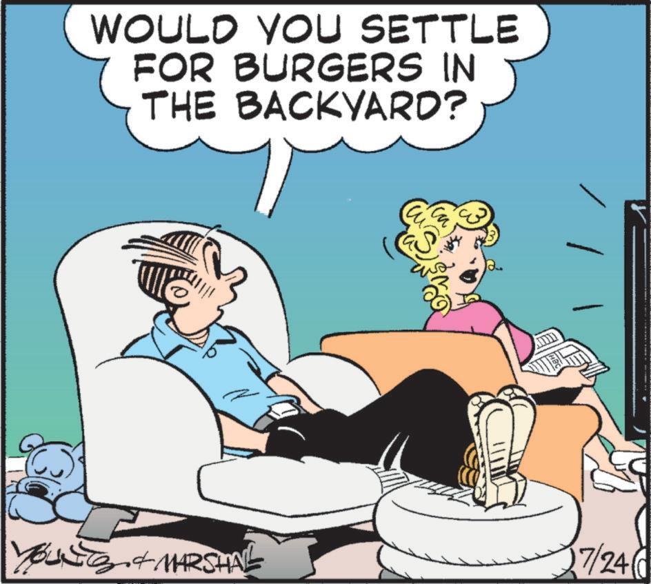 Photo caption OCR: WOULD YOU SETTLE FOR BURGERS IN THE BACKYARD? Young & MARSHAL 7/24 WOULD YOU SETTLE FOR BURGERS IN THE BACKYARD ? Young & MARSHAL 7/24