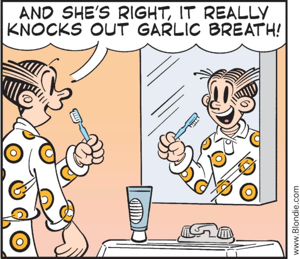 OCR: ITTT ?? AND SHE'S RIGHTIT REALLY KNOCKS OUT GARLIC BREATH! www.Blondie.com ITTT ? ? AND SHE'S RIGHTIT REALLY KNOCKS OUT GARLIC BREATH ! www.Blondie.com