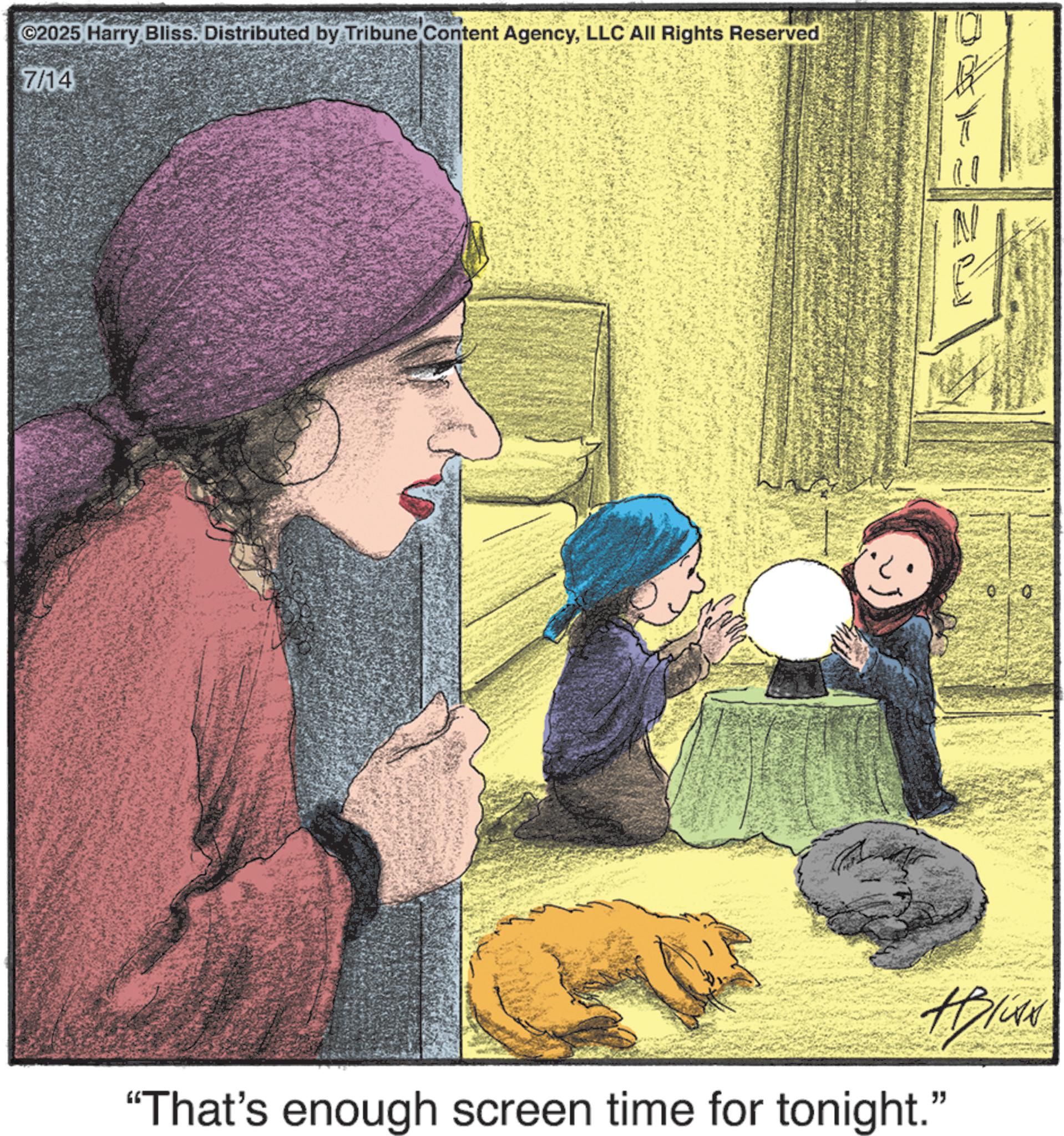 Comics OCR: ©2025 Harry Bliss. Distributed by Tribune Content AgencyLLC All Rights Reserved 7/14 H/WA "That's enough screen time for tonight." © 2025 Harry Bliss . Distributed by Tribune Content AgencyLLC All Rights Reserved 7/14 H / WA " That's enough screen time for tonight . "