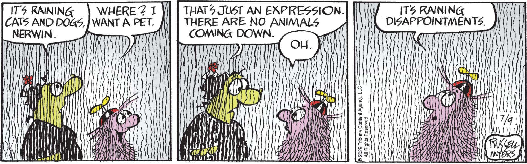 Graphics OCR: IT'S RAINING WHERE? I CATS AND DOGSWANT A PET. THAT'S JUST AN EXPRESSION. THERE ARE NO ANIMALS NERWIN. COMING DOWN. OH. 2025 Tribune Content AgencyLLC All Rights Reserved IT'S RAINING DISAPPOINTMENTS. 7/9 RUSSELL MYERS IT'S RAINING WHERE ? I CATS AND DOGSWANT A PET . THAT'S JUST AN EXPRESSION . THERE ARE NO ANIMALS NERWIN . COMING DOWN . OH . 2025 Tribune Content AgencyLLC All Rights Reserved IT'S RAINING DISAPPOINTMENTS . 7/9 RUSSELL MYERS