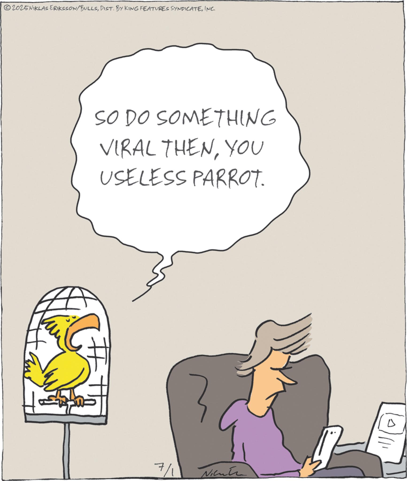 Fiction OCR: 2025NIKLAS ERIKSSON/BULLSINC. SO DO SOMETHING VIRAL THENYOU USELESS PARROT. 7/1 Nicut 2025NIKLAS ERIKSSON / BULLSDIST . BY KING FEATURES SYNDICATEINC . SO DO SOMETHING VIRAL THENYOU USELESS PARROT . 7/1 Nicut