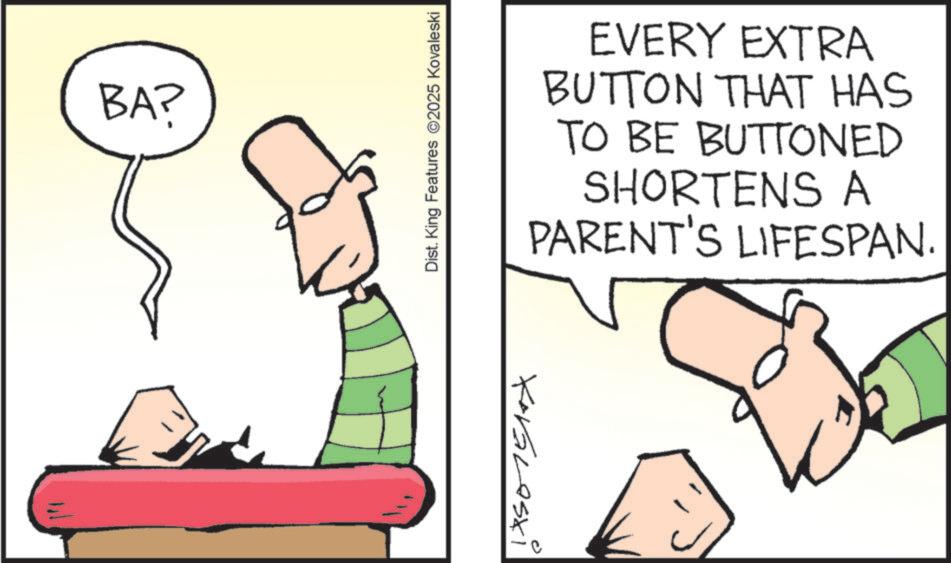 Pleased OCR: BA? Dist. King Features 2025 Kovaleski Koraleski EVERY EXTRA BUTTON THAT HAS TO BE BUTTONED SHORTENS A PARENT'S LIFESPAN. BA ? Dist . King Features 2025 Kovaleski Koraleski EVERY EXTRA BUTTON THAT HAS TO BE BUTTONED SHORTENS A PARENT'S LIFESPAN .