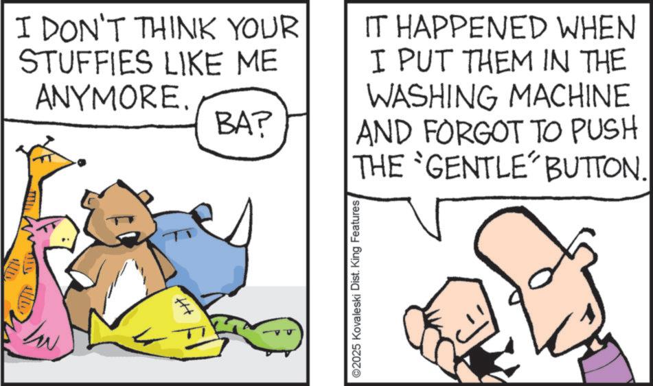 Fiction OCR: I DON'T THINK YOUR STUFFIES LIKE ME ANYMORE BA? IT HAPPENED WHEN I PUT THEM IN THE WASHING MACHINE AND FORGOT TO PUSH THE 'GENTLE' BUTTON. ?????????? ©2025 Kovaleski Dist. King Features I DON'T THINK YOUR STUFFIES LIKE ME ANYMORE BA ? IT HAPPENED WHEN I PUT THEM IN THE WASHING MACHINE AND FORGOT TO PUSH THE ' GENTLE ' BUTTON . ?????????? © 2025 Kovaleski Dist . King Features