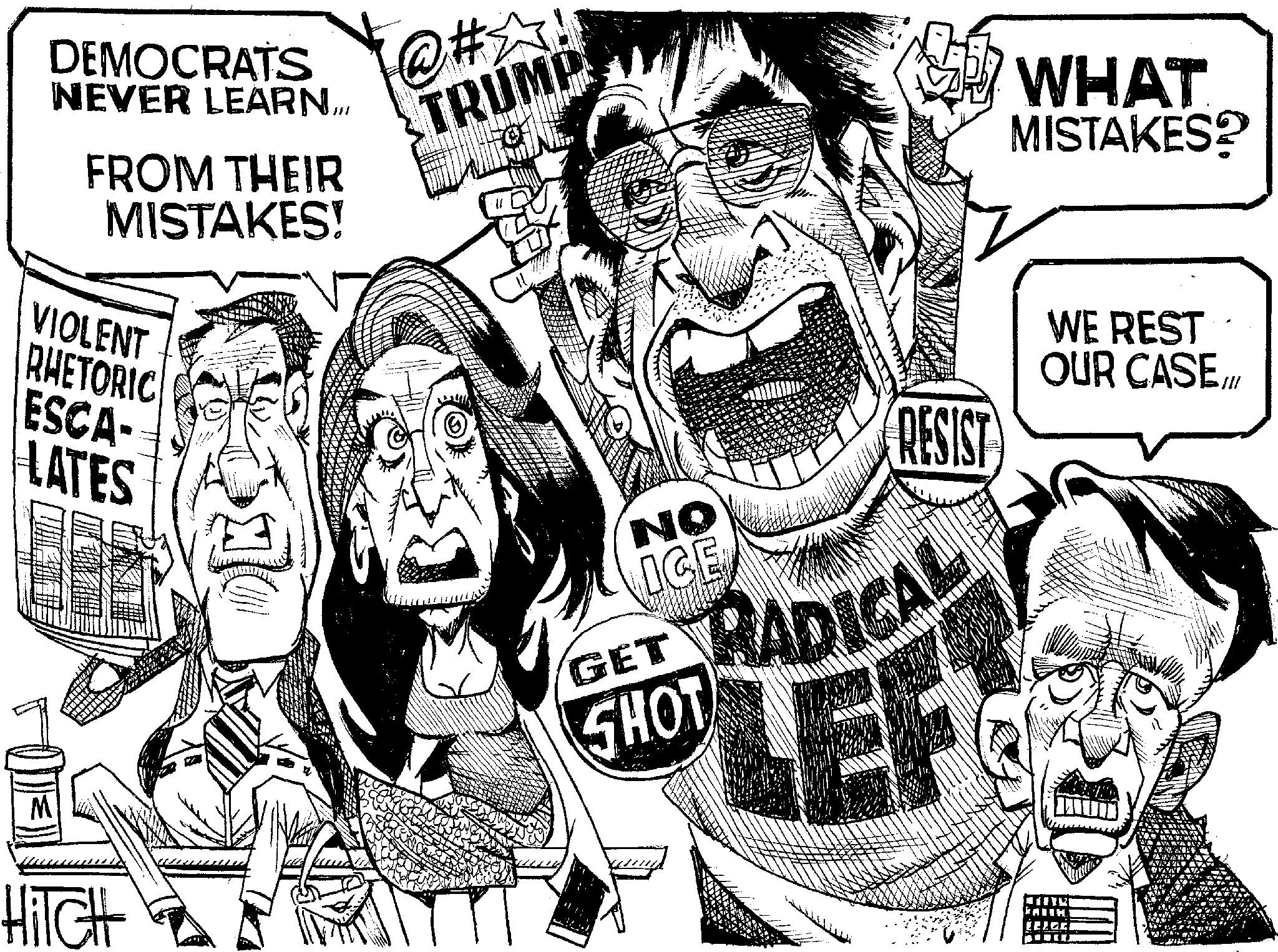 Newspaper OCR: DEMOCRATS NEVER LEARNFROM THEIR MISTAKES! VIOLENT RHETORIC ESCA- LATES HiTCH @# @ #&!! TRUMP WHAT MISTAKES? GET NO ICE SHOT RESIST RADICAL LEF WE REST OUR CASE.ll ELGE DEMOCRATS NEVER LEARNFROM THEIR MISTAKES ! VIOLENT RHETORIC ESCA- LATES HiTCH @ # @ # & !! TRUMP WHAT MISTAKES ? GET NO ICE SHOT RESIST RADICAL LEF WE REST OUR CASE.ll ELGE