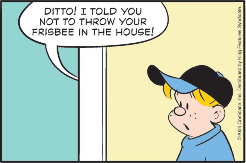 Photo caption OCR: DITTO! I TOLD YOU NOT TO THROW YOUR FRISBEE IN THE HOUSE! ©2025 ComicanaInc. Distributed by King Features Syndicate. DITTO ! I TOLD YOU NOT TO THROW YOUR FRISBEE IN THE HOUSE ! © 2025 ComicanaInc. Distributed by King Features Syndicate .