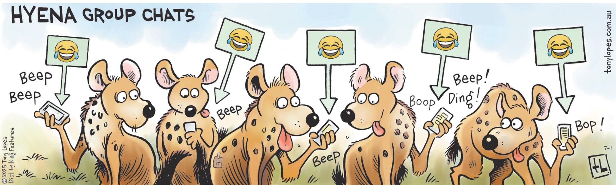 Comics OCR: 2025 Tony Lopes Dist. by King Features HYENA GROUP CHATS Beep Beep N ++ Beep Beep Beep! Boop Ding! Bop! 77 7-1 tonylopes.com.au 2025 Tony Lopes Dist . by King Features HYENA GROUP CHATS Beep Beep N ++ Beep Beep Beep ! Boop Ding ! Bop ! 77 7-1 tonylopes.com.au