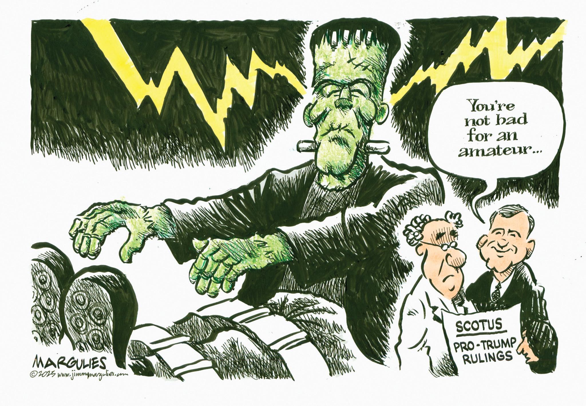 Photo caption OCR: You're not bad for an amateur... MARGULIES ©2025 www.jimmymargulies.in SCOTUS PRO-TRUMP RULINGS You're not bad for an amateur ... MARGULIES © 2025 www.jimmymargulies.in SCOTUS PRO - TRUMP RULINGS