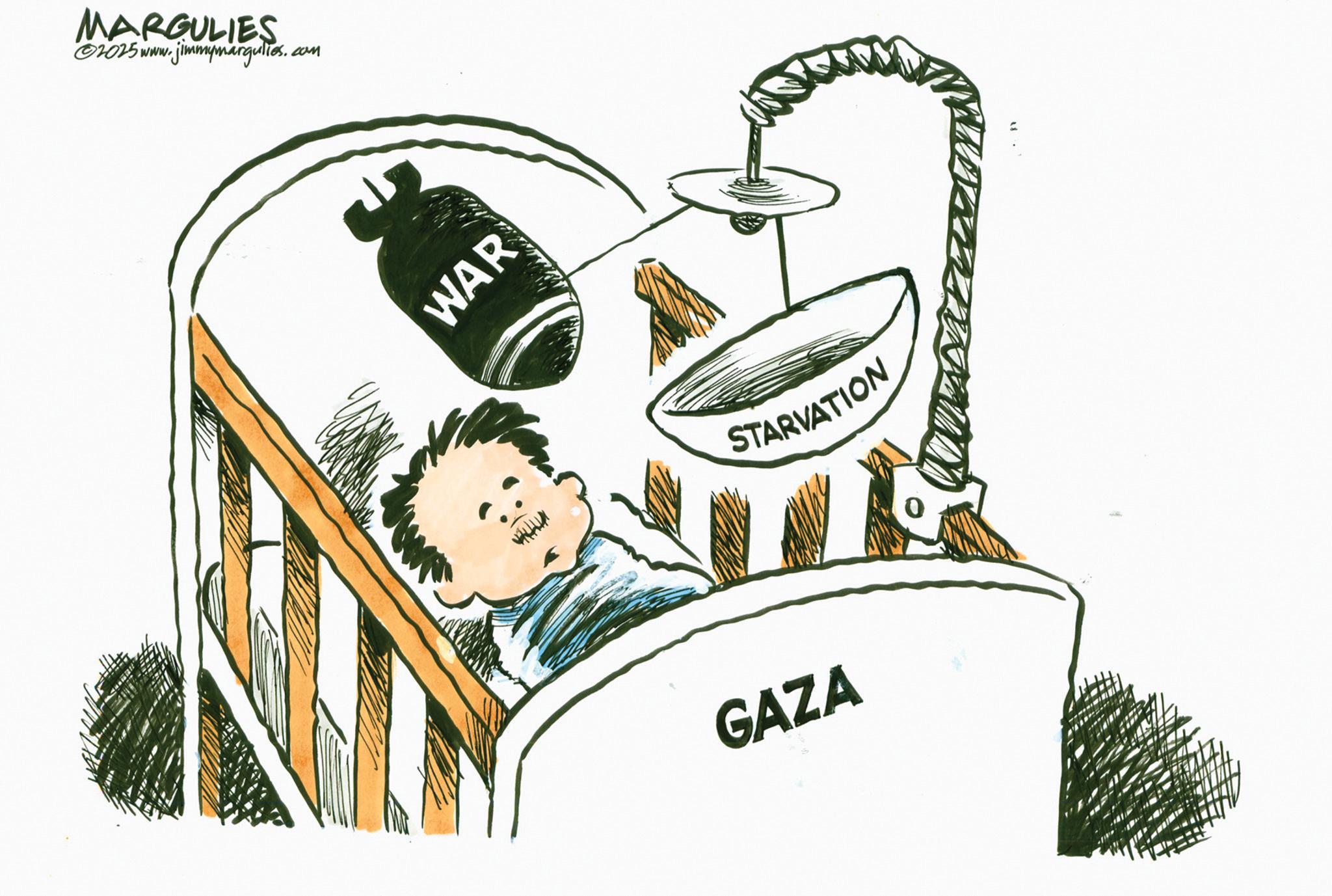Animated cartoon OCR: MARGULIES 2025 www.jimmymargulies. .com WAR STARVATION GAZA MARGULIES 2025 www.jimmymargulies . .com WAR STARVATION GAZA