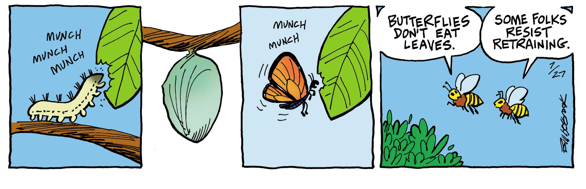 Animation OCR: MUNCH MUNCH MUNCH rr MUNCH MUNCH BUTTERFLIES DON'T EAT LEAVES. SOME FOLKS RESIST RETRAINING. 127 MUNCH MUNCH MUNCH rr MUNCH MUNCH BUTTERFLIES DON'T EAT LEAVES . SOME FOLKS RESIST RETRAINING . 127