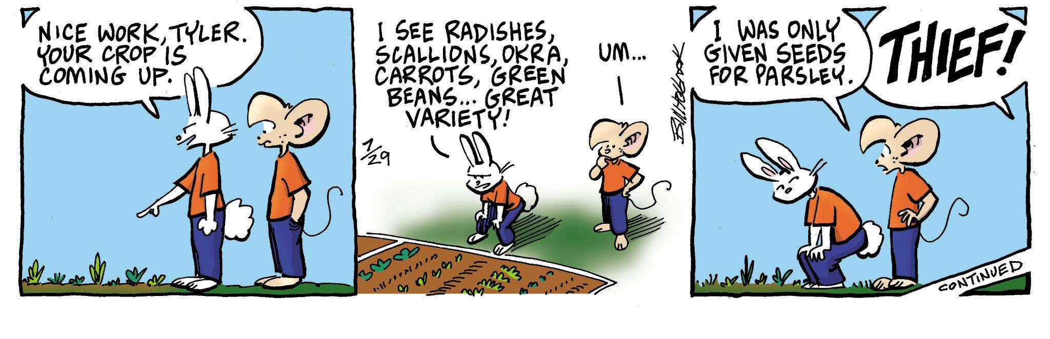 Fiction OCR: ? NICE WORKTYLER. YOUR CROP IS COMING UP. I SEE RADISHESGREEN BEANS... GREAT VARIETY! 33333 n ?????? M UM... - Bill Holbook I WAS ONLY GIVEN SEEDS FOR PARSLEY. THIEF! CONTINUED ? NICE WORKTYLER . YOUR CROP IS COMING UP . I SEE RADISHESGREEN BEANS ... GREAT VARIETY ! 33333 n ?????? M UM ... - Bill Holbook I WAS ONLY GIVEN SEEDS FOR PARSLEY . THIEF ! CONTINUED