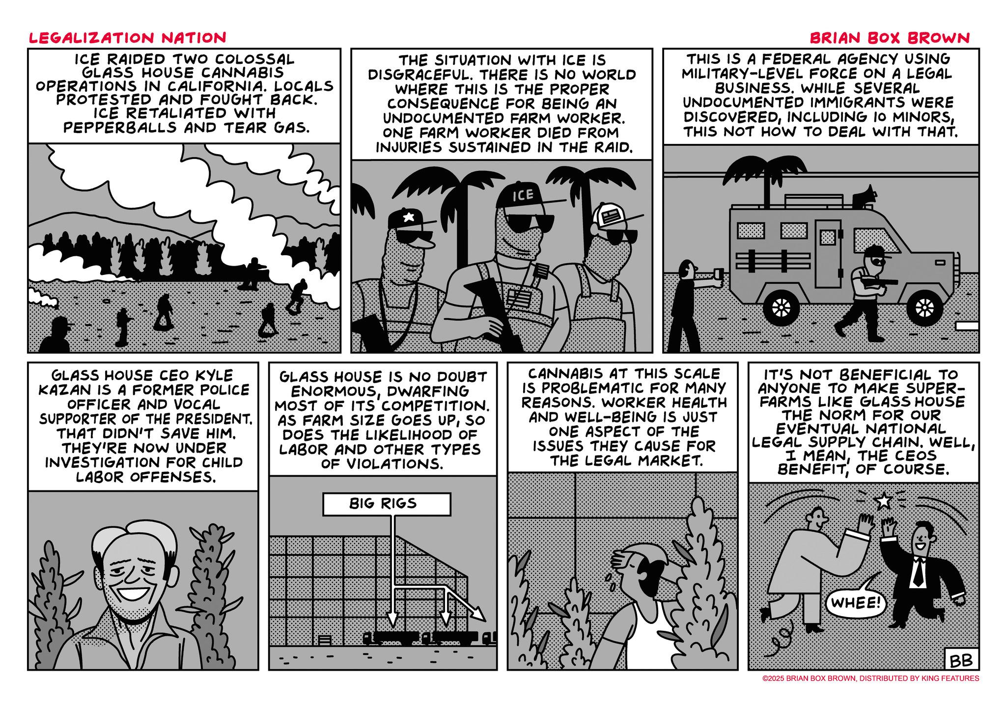 Publication OCR: LEGALIZATION NATION ICE RAIDED TWO COLOSSAL GLASS HOUSE CANNABIS OPERATIONS IN CALIFORNIA. LOCALS PROTESTED AND FOUGHT BACK. ICE RETALIATED WITH PEPPERBALLS AND TEAR GAS. THE SITUATION WITH ICE IS DISGRACEFUL. THERE IS NO WORLD WHERE THIS IS THE PROPER CONSEQUENCE FOR BEING AN UNDOCUMENTED FARM WORKER. ONE FARM WORKER DIED FROM INJURIES SUSTAINED IN THE RAID. BRIAN BOX BROWN THIS IS A FEDERAL AGENCY USING MILITARY-LEVEL FORCE ON A LEGAL BUSINESS. WHILE SEVERAL UNDOCUMENTED IMMIGRANTS WERE DISCOVEREDTHIS NOT HOW TO DEAL WITH THAT. ICE * === 0 GLASS HOUSE CEO KYLE KAZAN IS A FORMER POLICE OFFICER AND VOCAL SUPPORTER OF THE PRESIDENT. THAT DIDN'T SAVE HIM. THEY'RE NOW UNDER INVESTIGATION FOR CHILD LABOR OFFENSES. GLASS HOUSE IS NO DOUBT ENORMOUSDWARFING MOST OF ITS COMPETITION. AS FARM SIZE GOES UPSO DOES THE LIKELIHOOD OF LABOR AND OTHER TYPES OF VIOLATIONS. BIG RIGS CANNABIS AT THIS SCALE IS PROBLEMATIC FOR MANY REASONS. WORKER HEALTH AND WELL-BEING IS JUST ONE ASPECT OF THE ISSUES THEY CAUSE FOR THE LEGAL MARKET. IT'S NOT BENEFICIAL TO ANYONE TO MAKE SUPER- FARMS LIKE GLASS HOUSE THE NORM FOR OUR EVENTUAL NATIONAL LEGAL SUPPLY CHAIN. WELLTHE CEOS BENEFITOF COURSE. 30000 WHEE! BB ©2025 BRIAN BOX BROWNDISTRIBUTED BY KING FEATURES LEGALIZATION NATION ICE RAIDED TWO COLOSSAL GLASS HOUSE CANNABIS OPERATIONS IN CALIFORNIA . LOCALS PROTESTED AND FOUGHT BACK . ICE RETALIATED WITH PEPPERBALLS AND TEAR GAS . THE SITUATION WITH ICE IS DISGRACEFUL . THERE IS NO WORLD WHERE THIS IS THE PROPER CONSEQUENCE FOR BEING AN UNDOCUMENTED FARM WORKER . ONE FARM WORKER DIED FROM INJURIES SUSTAINED IN THE RAID . BRIAN BOX BROWN THIS IS A FEDERAL AGENCY USING MILITARY - LEVEL FORCE ON A LEGAL BUSINESS . WHILE SEVERAL UNDOCUMENTED IMMIGRANTS WERE DISCOVEREDINCLUDING 10 MINORSTHIS NOT HOW TO DEAL WITH THAT . ICE * === 0 GLASS HOUSE CEO KYLE KAZAN IS A FORMER POLICE OFFICER AND VOCAL SUPPORTER OF THE PRESIDENT . THAT DIDN'T SAVE HIM . THEY'RE NOW UNDER INVESTIGATION FOR CHILD LABOR OFFENSES . GLASS HOUSE IS NO DOUBT ENORMOUSDWARFING MOST OF ITS COMPETITION . AS FARM SIZE GOES UPSO DOES THE LIKELIHOOD OF LABOR AND OTHER TYPES OF VIOLATIONS . BIG RIGS CANNABIS AT THIS SCALE IS PROBLEMATIC FOR MANY REASONS . WORKER HEALTH AND WELL - BEING IS JUST ONE ASPECT OF THE ISSUES THEY CAUSE FOR THE LEGAL MARKET . IT'S NOT BENEFICIAL TO ANYONE TO MAKE SUPER- FARMS LIKE GLASS HOUSE THE NORM FOR OUR EVENTUAL NATIONAL LEGAL SUPPLY CHAIN . WELLI MEANTHE CEOS BENEFITOF COURSE . 30000 WHEE ! BB © 2025 BRIAN BOX BROWNDISTRIBUTED BY KING FEATURES