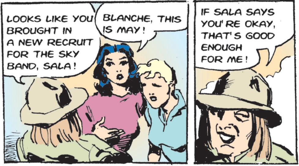 Pleased OCR: LOOKS LIKE YOU BLANCHETHIS BROUGHT IN A NEW RECRUIT FOR THE SKY BANDSALA! IS MAY! IF SALA SAYS YOU'RE OKAYTHAT'S GOOD ENOUGH FOR ME! LOOKS LIKE YOU BLANCHETHIS BROUGHT IN A NEW RECRUIT FOR THE SKY BANDSALA ! IS MAY ! IF SALA SAYS YOU'RE OKAYTHAT'S GOOD ENOUGH FOR ME !