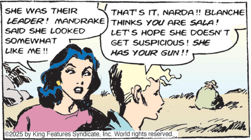 Comic book OCR: SHE WAS THEIR LEADER! MANDRAKE SAID SHE LOOKED SOMEWHAT LIKE ME!! THAT'S ITNARDA!! BLANCHE THINKS YOU ARE SALA! LET'S HOPE SHE DOESN'T GET SUSPICIOUS! SHE HAS YOUR GUN!! 2025 by King Features SyndicateInc. World rights reserved. SHE WAS THEIR LEADER ! MANDRAKE SAID SHE LOOKED SOMEWHAT LIKE ME !! THAT'S ITNARDA !! BLANCHE THINKS YOU ARE SALA ! LET'S HOPE SHE DOESN'T GET SUSPICIOUS ! SHE HAS YOUR GUN !! 2025 by King Features SyndicateInc. World rights reserved .
