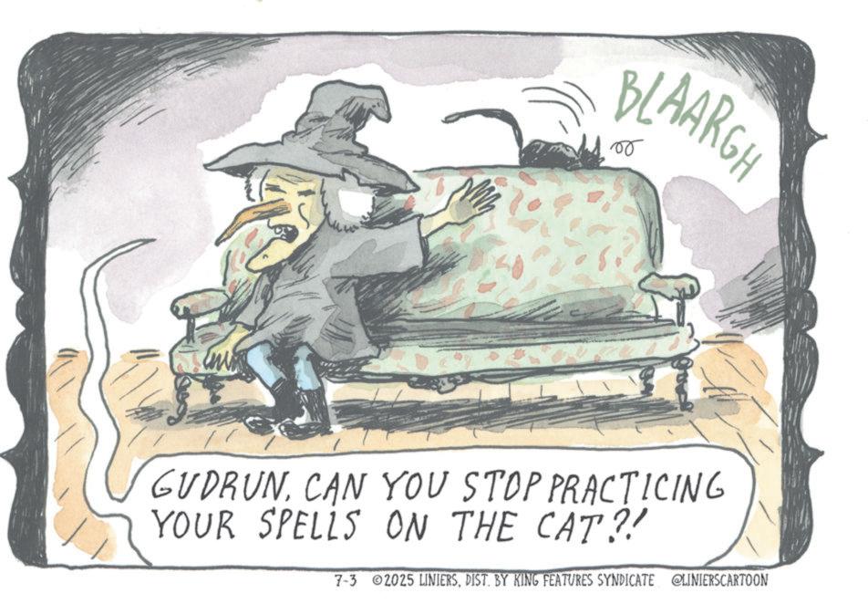 Fictional character OCR: BLAARGH ? GUDRUN. CAN YOU STOP PRACTICING YOUR SPELLS ON THE CAT?! 7-3 2025 LINIERSDIST. BY KING FEATURES SYNDICATE @LINIERSCARTOON BLAARGH ? GUDRUN . CAN YOU STOP PRACTICING YOUR SPELLS ON THE CAT ?! 7-3 2025 LINIERSDIST . BY KING FEATURES SYNDICATE @LINIERSCARTOON