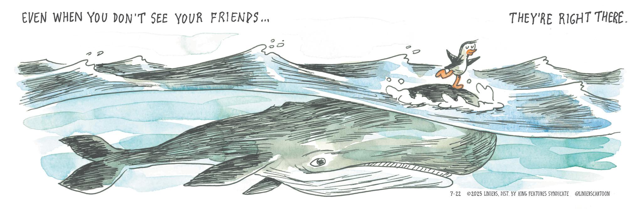 Fiction OCR: EVEN WHEN YOU DON'T SEE YOUR FRIENDS... THEY'RE RIGHT THERE. 7-22 2025 LINIERSDIST. BY KING FEATURES SYNDICATE @LINIERS CARTOON EVEN WHEN YOU DON'T SEE YOUR FRIENDS ... THEY'RE RIGHT THERE . 7-22 2025 LINIERSDIST . BY KING FEATURES SYNDICATE @LINIERS CARTOON