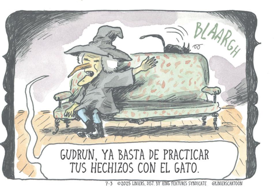 Animated cartoon OCR: ? AARGH GUDRUNYA BASTA DE PRACTICAR TUS HECHIZOS CON EL GATO. 7-3 2025 LINIERSDIST. BY KING FEATURES SYNDICATE @LINIERSCARTOON ? AARGH GUDRUNYA BASTA DE PRACTICAR TUS HECHIZOS CON EL GATO . 7-3 2025 LINIERSDIST . BY KING FEATURES SYNDICATE @LINIERSCARTOON