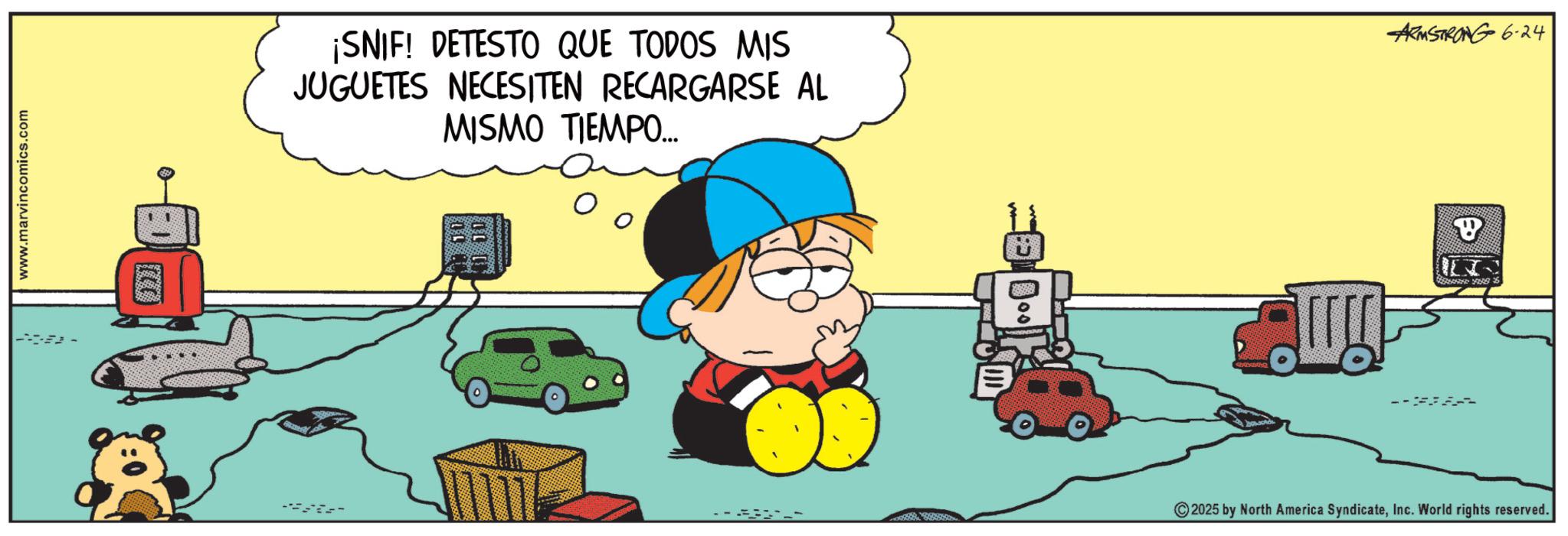 Clip art OCR: www.marvincomics.com ¡SNIF! DETESTO QUE TODOS MIS JUGUETES NECESITEN RECARGARSE AL MISMO TIEMPO... --- Dool ARMSTRONG 6.24 P --- 2025 by North America SyndicateInc. World rights reserved. www.marvincomics.com ¡ SNIF ! DETESTO QUE TODOS MIS JUGUETES NECESITEN RECARGARSE AL MISMO TIEMPO ... --- Dool ARMSTRONG 6.24 P --- 2025 by North America SyndicateInc. World rights reserved .