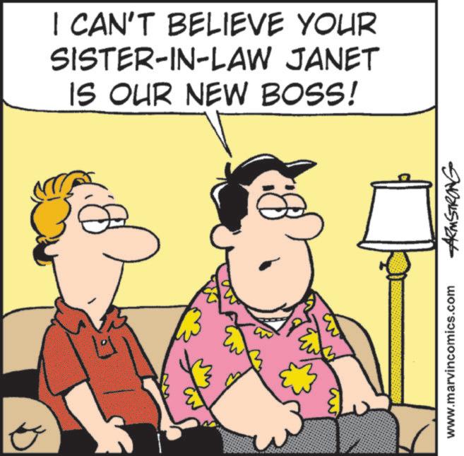 Animated cartoon OCR: I CAN'T BELIEVE YOUR SISTER-IN-LAW JANET IS OUR NEW BOSS! www.marvincomics.com ARMSTRONG I CAN'T BELIEVE YOUR SISTER - IN - LAW JANET IS OUR NEW BOSS ! www.marvincomics.com ARMSTRONG