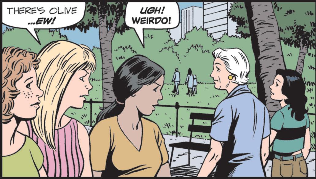 Fictional character OCR: THERE'S OLIVE ...EW! UGH! WEIRDO! ing! M WV THERE'S OLIVE ... EW ! UGH ! WEIRDO ! ing ! M WV
