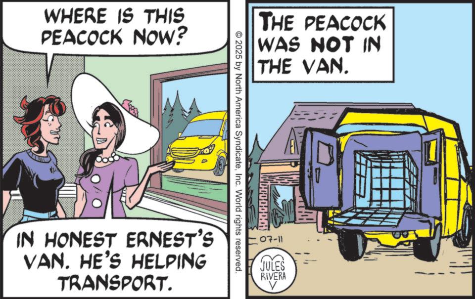 Comic book OCR: WHERE IS THIS PEACOCK NOW? THE PEACOCK WAS NOT IN THE VAN. © 2025 by North America SyndicateInc. World rights reserved. IN HONEST ERNEST'S VAN. HE'S HELPING TRANSPORT. 07-11 JULES RIVERA V WHERE IS THIS PEACOCK NOW ? THE PEACOCK WAS NOT IN THE VAN . © 2025 by North America SyndicateInc. World rights reserved . IN HONEST ERNEST'S VAN . HE'S HELPING TRANSPORT . 07-11 JULES RIVERA V