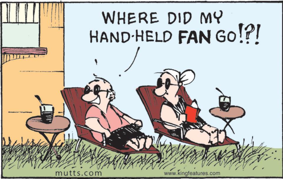 Photo caption OCR: WHERE DID MY HAND-HELD FAN GO!?! mutts.com www.kingfeatures.com WHERE DID MY HAND - HELD FAN GO ! ? ! mutts.com www.kingfeatures.com