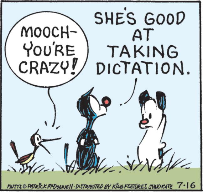 Line art OCR: SHE'S GOOD MOOCH- AT YOU'RE TAKING CRAZY! DICTATION. ? MUTTS & PATRICK MYDONNELL DISTRIBUTED BY KING FEATURES SYNDICATE 7·16 SHE'S GOOD MOOCH- AT YOU'RE TAKING CRAZY ! DICTATION . ? MUTTS & PATRICK MYDONNELL DISTRIBUTED BY KING FEATURES SYNDICATE 7 · 16