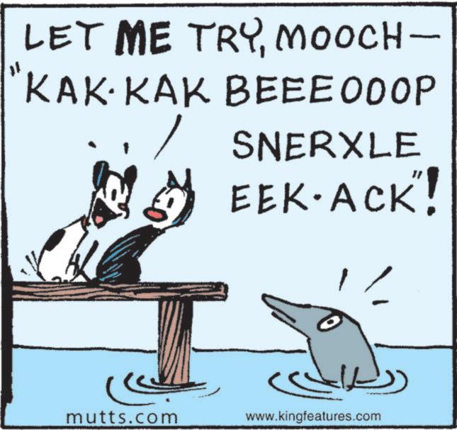 Animated cartoon OCR: LET ME TRYMOOCH- KAK. KAK BEEEOOOP - SNERXLE * EEK-ACK"! L mutts.com www.kingfeatures.com LET ME TRYMOOCH- KAK . KAK BEEEOOOP - SNERXLE * EEK - ACK " ! L mutts.com www.kingfeatures.com