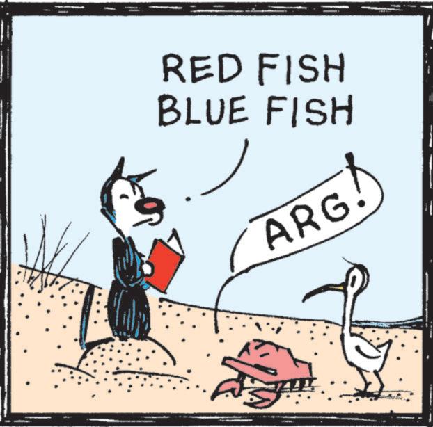 Photo caption OCR: RED FISH BLUE FISH ARG! RED FISH BLUE FISH ARG !