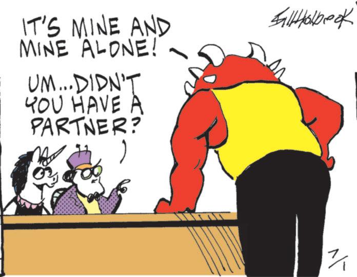 Graphic design OCR: IT'S MINE AND MINE ALONE! UM... DIDN'T YOU HAVE À PARTNER? Saltholbeok ? IT'S MINE AND MINE ALONE ! UM ... DIDN'T YOU HAVE À PARTNER ? Saltholbeok ?