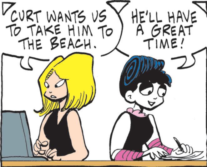 Fictional character OCR: ? CURT WANTS US TO TAKE HIM TO THE BEACH. HE'LL HAVE A GREAT TIME! 2 ? CURT WANTS US TO TAKE HIM TO THE BEACH . HE'LL HAVE A GREAT TIME ! 2