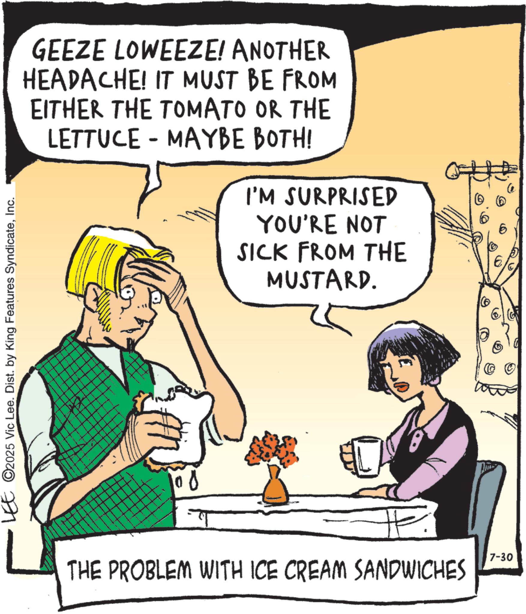 Clip art OCR: GEEZE LOWEEZE! ANOTHER HEADACHE! IT MUST BE FROM EITHER THE TOMATO OR THE LETTUCE MAYBE BOTH! - I'M SURPRISED YOU'RE NOT SICK FROM THE MUSTARD. LEE ©2025 Vic Lee. Dist. by King Features SyndicateInc. 100 THE PROBLEM WITH ICE CREAM SANDWICHES 7-30 6 6 GEEZE LOWEEZE ! ANOTHER HEADACHE ! IT MUST BE FROM EITHER THE TOMATO OR THE LETTUCE MAYBE BOTH ! - I'M SURPRISED YOU'RE NOT SICK FROM THE MUSTARD . LEE © 2025 Vic Lee . Dist . by King Features SyndicateInc. 100 THE PROBLEM WITH ICE CREAM SANDWICHES 7-30 6 6