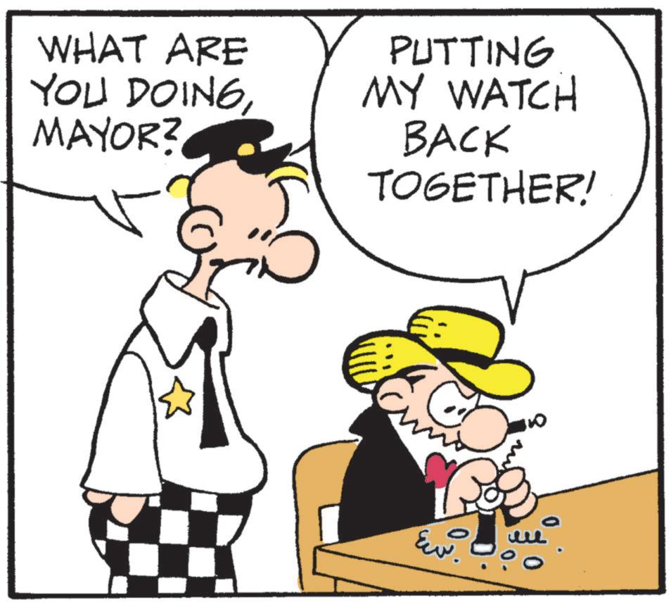 Costume Hat OCR: WHAT ARE YOU DOINGMAYOR? PUTTING MY WATCH BACK TOGETHER! Ew. WHAT ARE YOU DOINGMAYOR ? PUTTING MY WATCH BACK TOGETHER ! Ew .