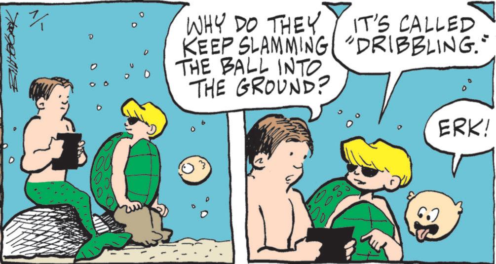 Child OCR: ? D WHY DO THEY IT'S CALLED KEEP SLAMMING "DRIBBLING." THE BALL INTO. THE GROUND? 3 ERK! ? D WHY DO THEY IT'S CALLED KEEP SLAMMING " DRIBBLING . " THE BALL INTO . THE GROUND ? 3 ERK !