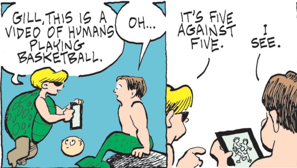 Fictional character OCR: GILLTHIS IS A VIDEO OF HUMANS PLAYING BASKETBALL. 600 09% M OH... IT'S FIVE AGAINST I FIVE. SEE. GILLTHIS IS A VIDEO OF HUMANS PLAYING BASKETBALL . 600 09 % M OH ... IT'S FIVE AGAINST I FIVE . SEE .
