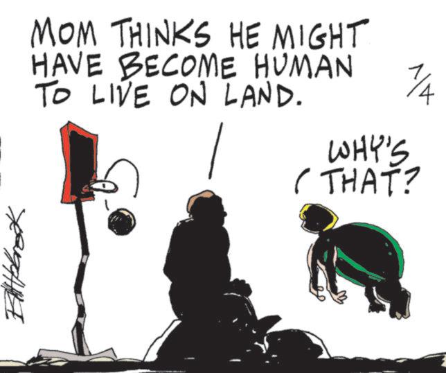 Fictional character OCR: MOM THINKS HE MIGHT HAVE BECOME HUMAN TO LIVE ON LAND. Alv WHY'S (THAT? MOM THINKS HE MIGHT HAVE BECOME HUMAN TO LIVE ON LAND . Alv WHY'S ( THAT ?