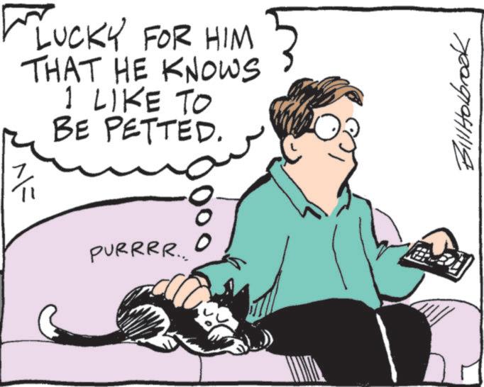 Cat OCR: ? ?? LUCKY FOR HIM THAT HE KNOWS 1 LIKE TO BE PETTED. PURRRR... Bill Holbrook ? ? ? LUCKY FOR HIM THAT HE KNOWS 1 LIKE TO BE PETTED . PURRRR ... Bill Holbrook