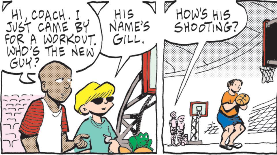 Child OCR: HICOACH. I JUST CAME BY FOR A WORKOUT. WHO'S THE NEW GUY? HIS NAME'S GILL. HOW'S HIS SHOOTING? ? HICOACH . I JUST CAME BY FOR A WORKOUT . WHO'S THE NEW GUY ? HIS NAME'S GILL . HOW'S HIS SHOOTING ? ?