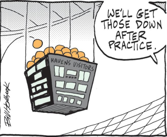 Graphic design OCR: Bill Holbook HAVENS VISITORS WE'LL GET THOSE DOWN AFTER PRACTICE. EU ?? Bill Holbook HAVENS VISITORS WE'LL GET THOSE DOWN AFTER PRACTICE . EU ??