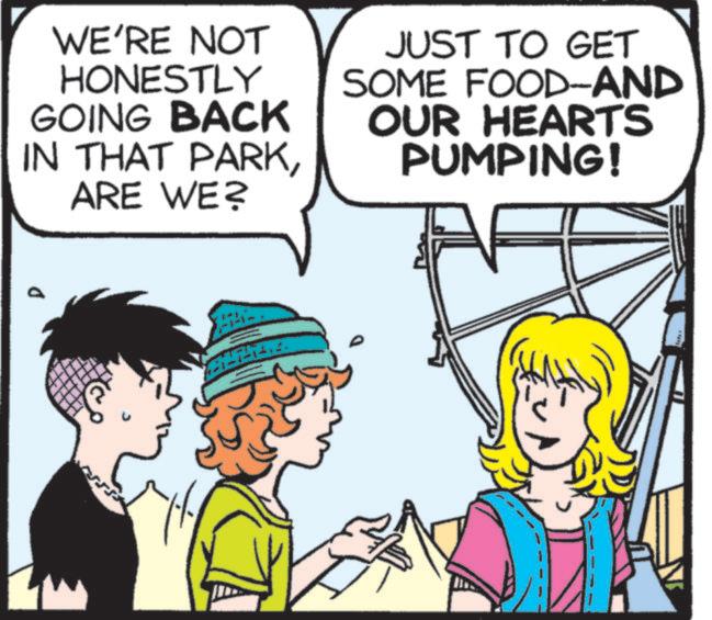 Animated cartoon OCR: WE'RE NOT HONESTLY GOING BACK IN THAT PARKARE WE? JUST TO GET SOME FOOD-AND OUR HEARTS PUMPING! WE'RE NOT HONESTLY GOING BACK IN THAT PARKARE WE ? JUST TO GET SOME FOOD - AND OUR HEARTS PUMPING !